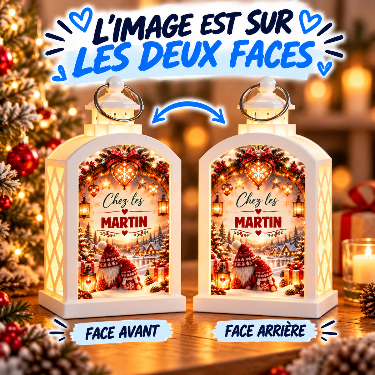 Lanterne de Noël personnalisée avec nom de famille et même image sur les deux faces