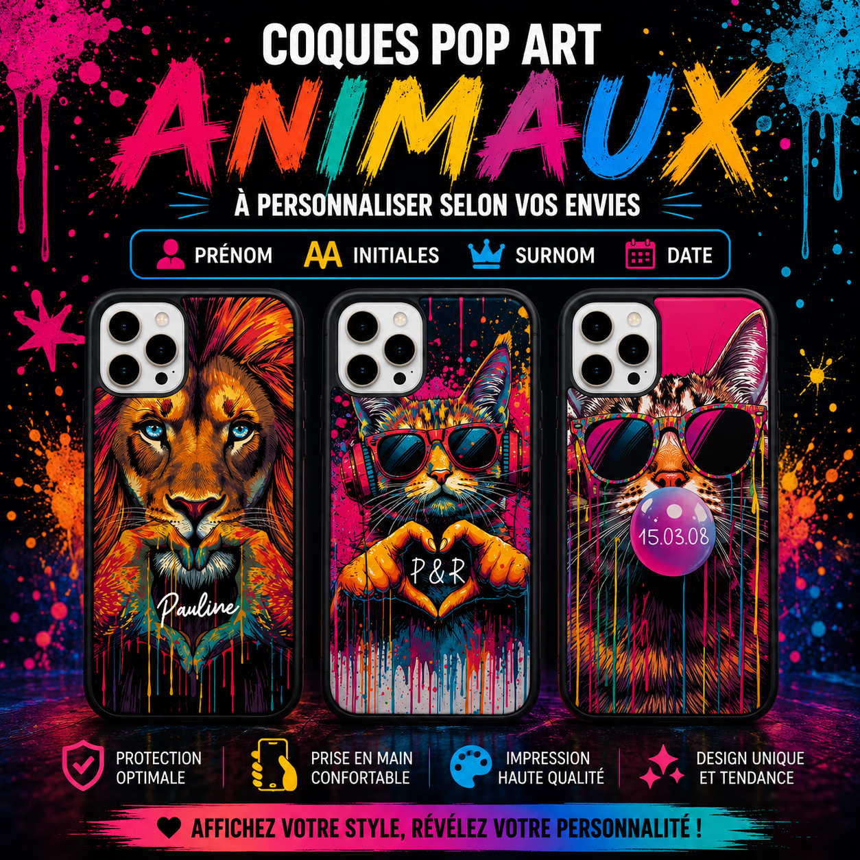 Coques personnalisées prénom / date – Design exclusif