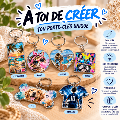 Porte-clé personnalisé sur mesure À toi de créer avec plusieurs formes : rectangle, rond, cœur, carré, os et maillot – Creapixx