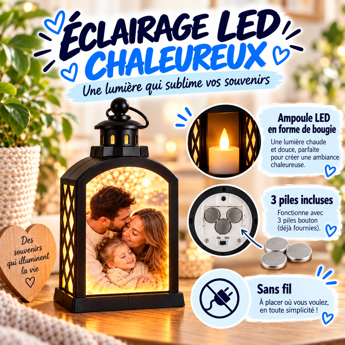 Lanterne personnalisée photo avec éclairage LED chaleureux, sans fil et 3 piles incluses