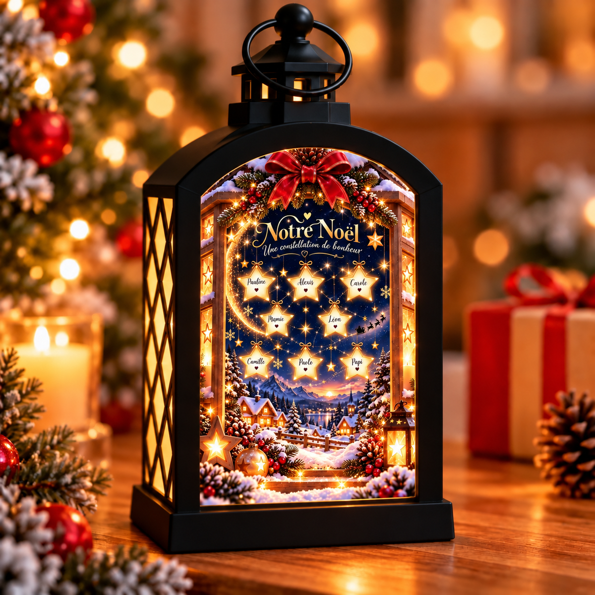 Lanterne de Noël noire personnalisée avec prénoms ou membres de la famille – Creapixx