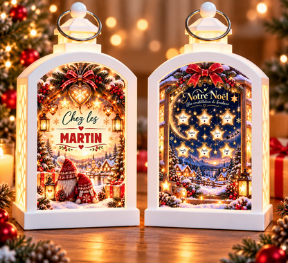 Lanterne de Noël blanche personnalisée avec nom de famille ou prénoms – Creapixx