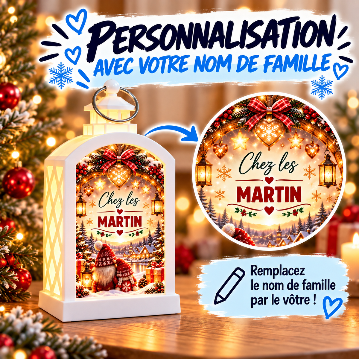 Lanterne de Noël personnalisée avec votre nom de famille – modèle Chez les