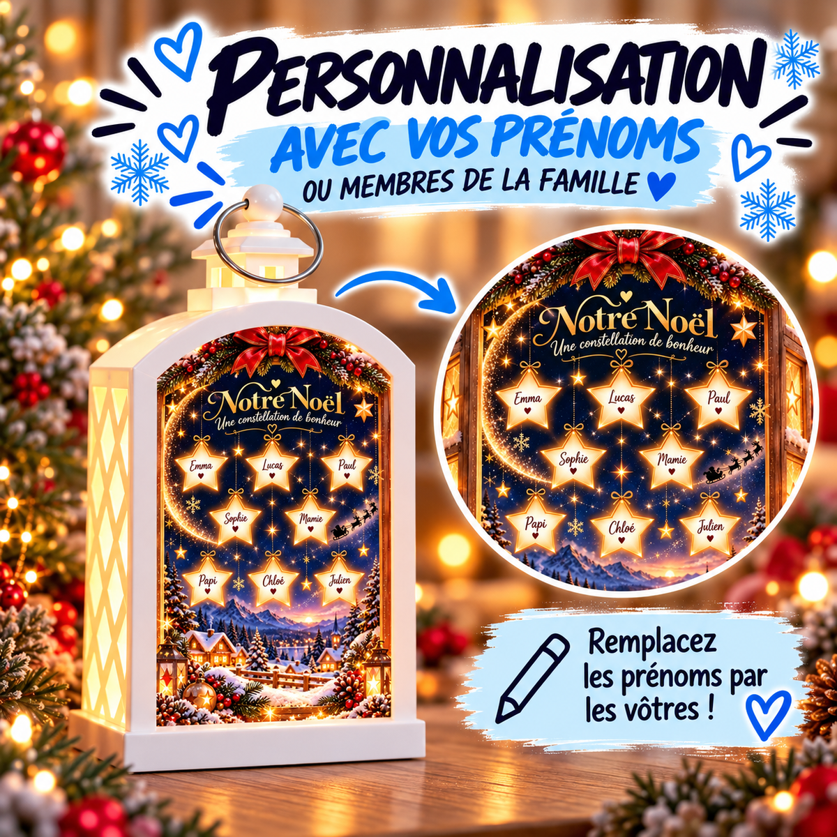 Lanterne de Noël personnalisée avec les prénoms ou membres de la famille sur des étoiles
