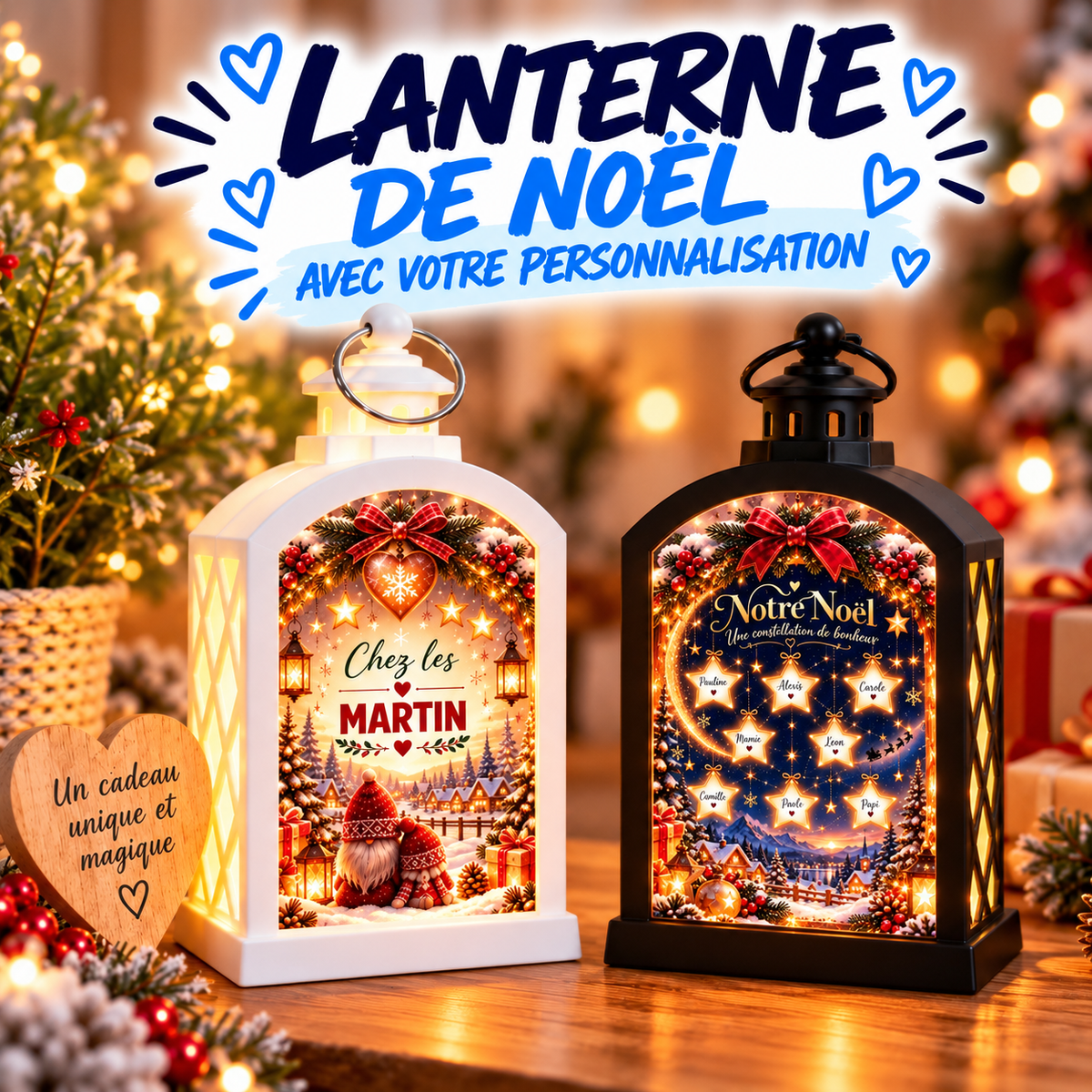 Lanterne de Noël personnalisée pour la famille, disponible en blanc et noir avec plusieurs modèles