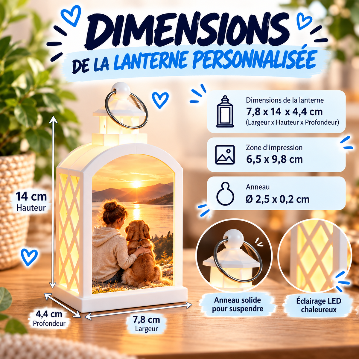 Dimensions de la lanterne personnalisée photo : 7,8 x 14 x 4,4 cm avec éclairage LED