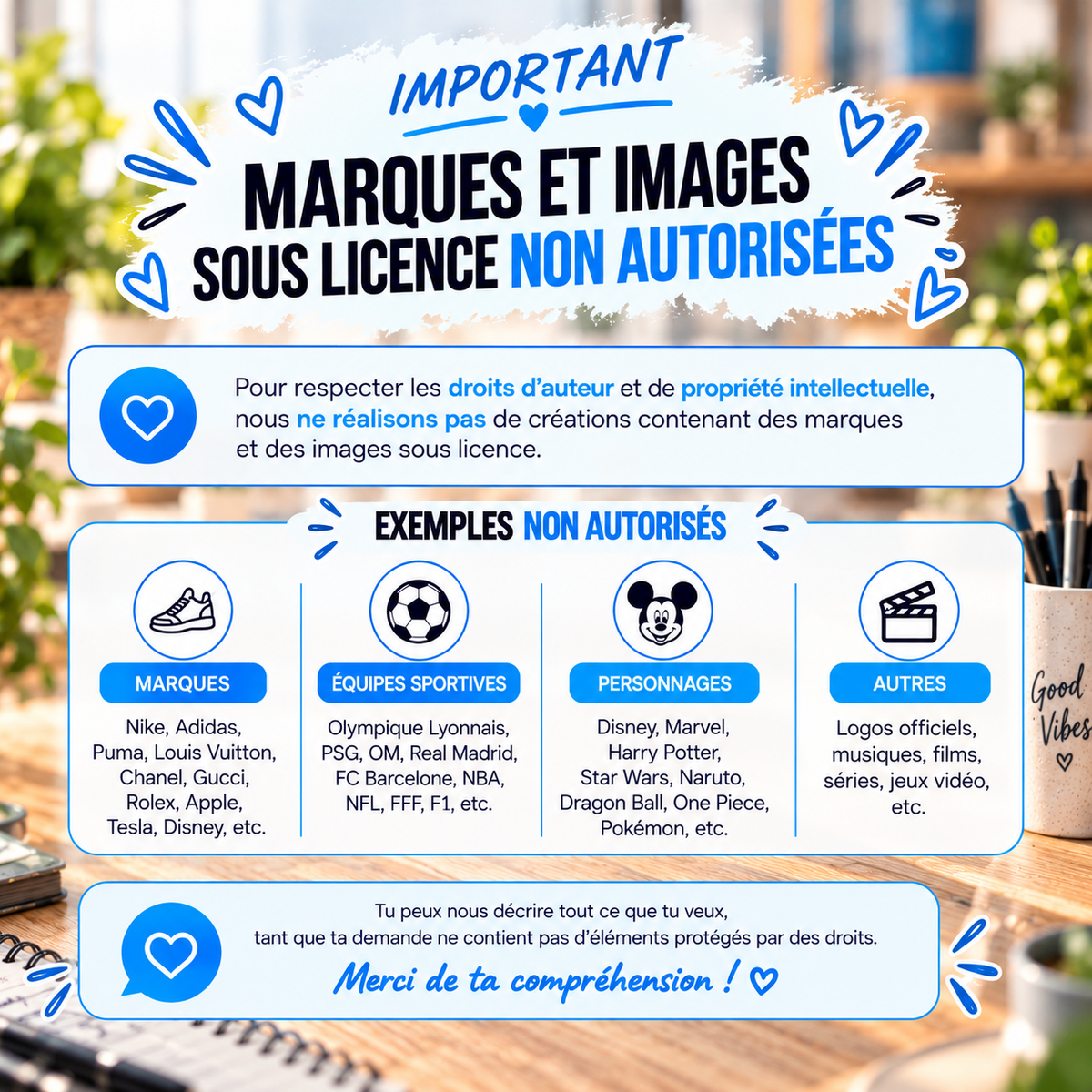 Informations sur les marques, logos et images sous licence non autorisés pour les créations personnalisées Creapixx