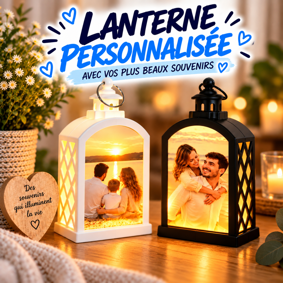 Lanterne personnalisée avec photo – modèle blanc et noir avec photo de famille